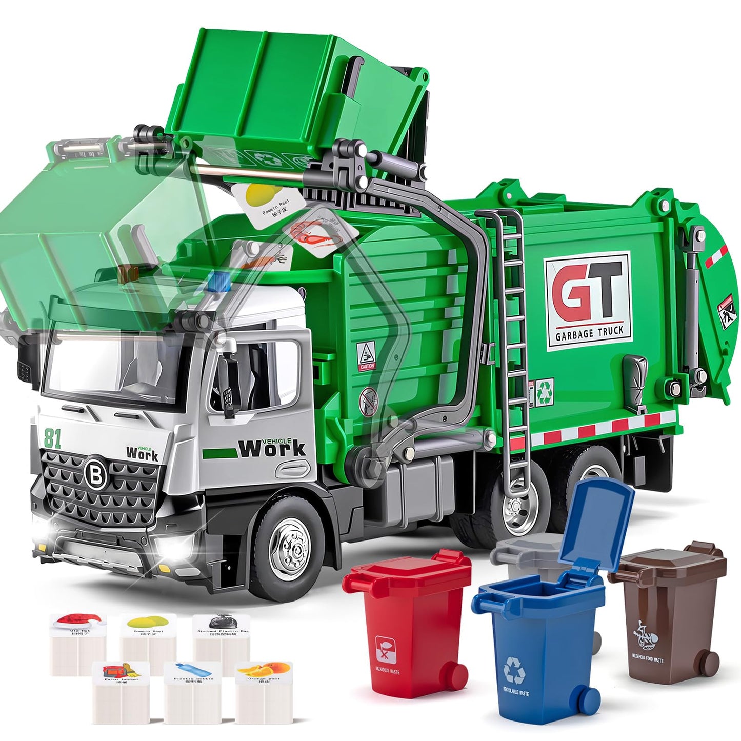 HAPYAD Garbage Truck Toy – Metal Cab, Lights & Sounds, Friction-Powered Front Loader (12 inches)
