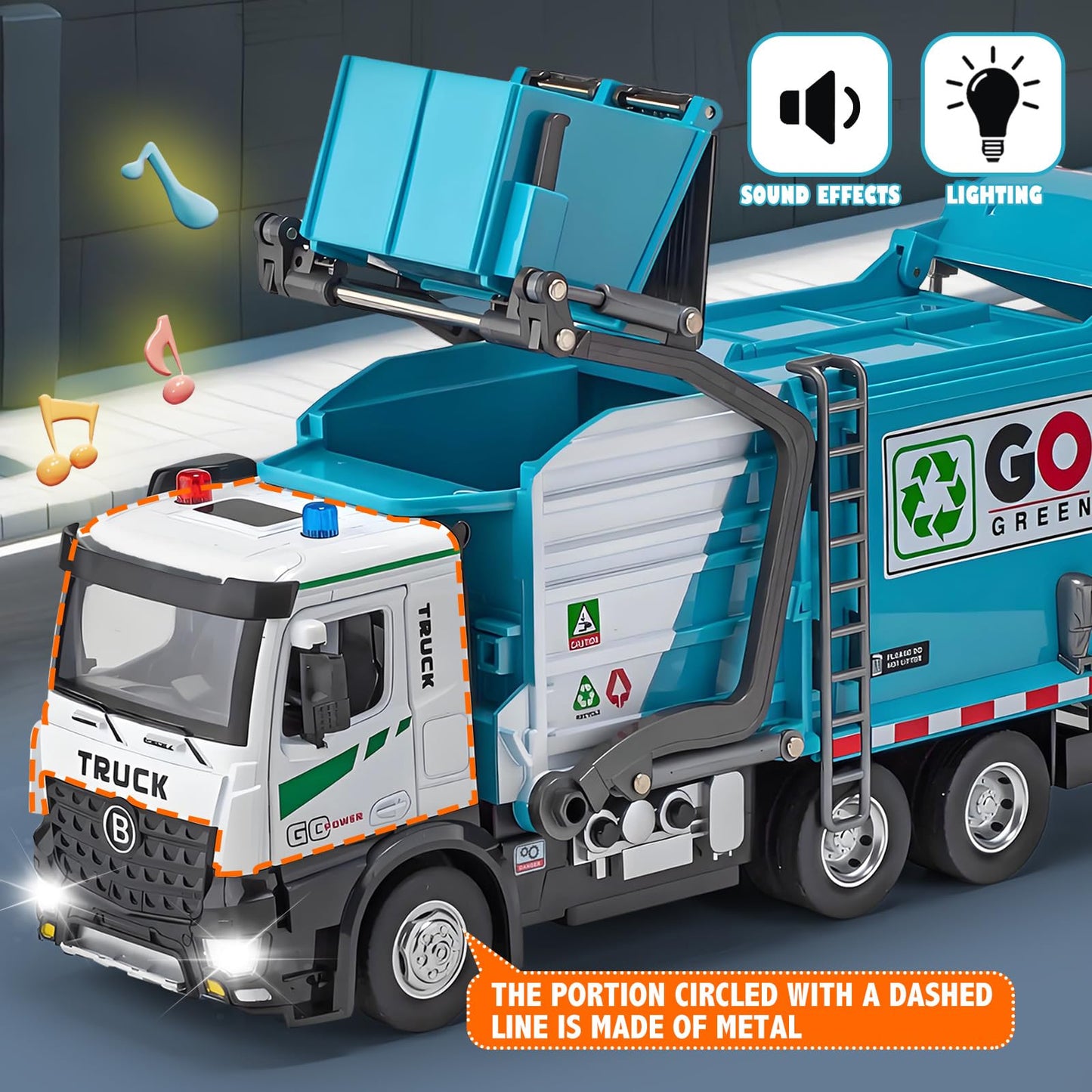 HAPYAD Auto-Lift Garbage Truck Toy – Metal Cab, 3 Dumpsters, Lights & Sounds (Blue)