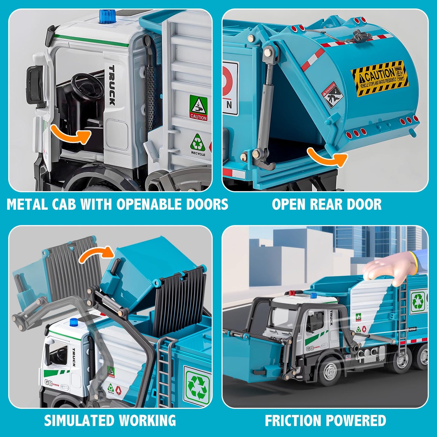 HAPYAD Auto-Lift Garbage Truck Toy – Metal Cab, 3 Dumpsters, Lights & Sounds (Blue)