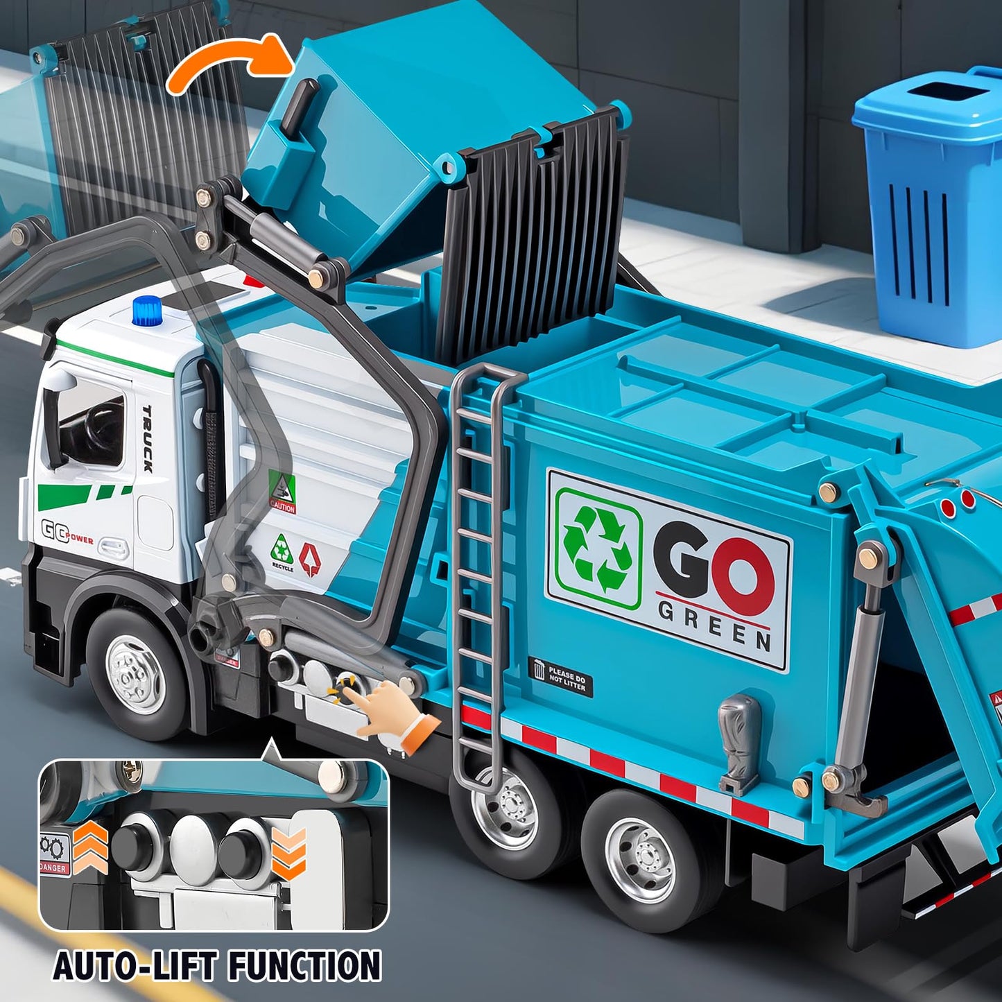 HAPYAD Auto-Lift Garbage Truck Toy – Metal Cab, 3 Dumpsters, Lights & Sounds (Blue)