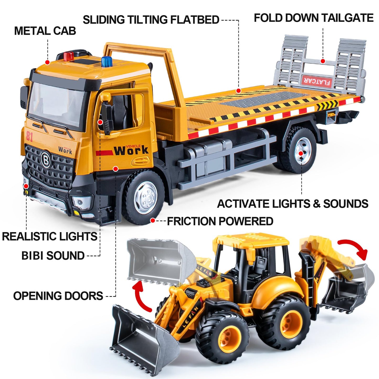 HAPYAD Tow Truck Toy: Metal Cab, Friction-Powered with Lights & Siren, 12.5-Inch Construction Vehicle