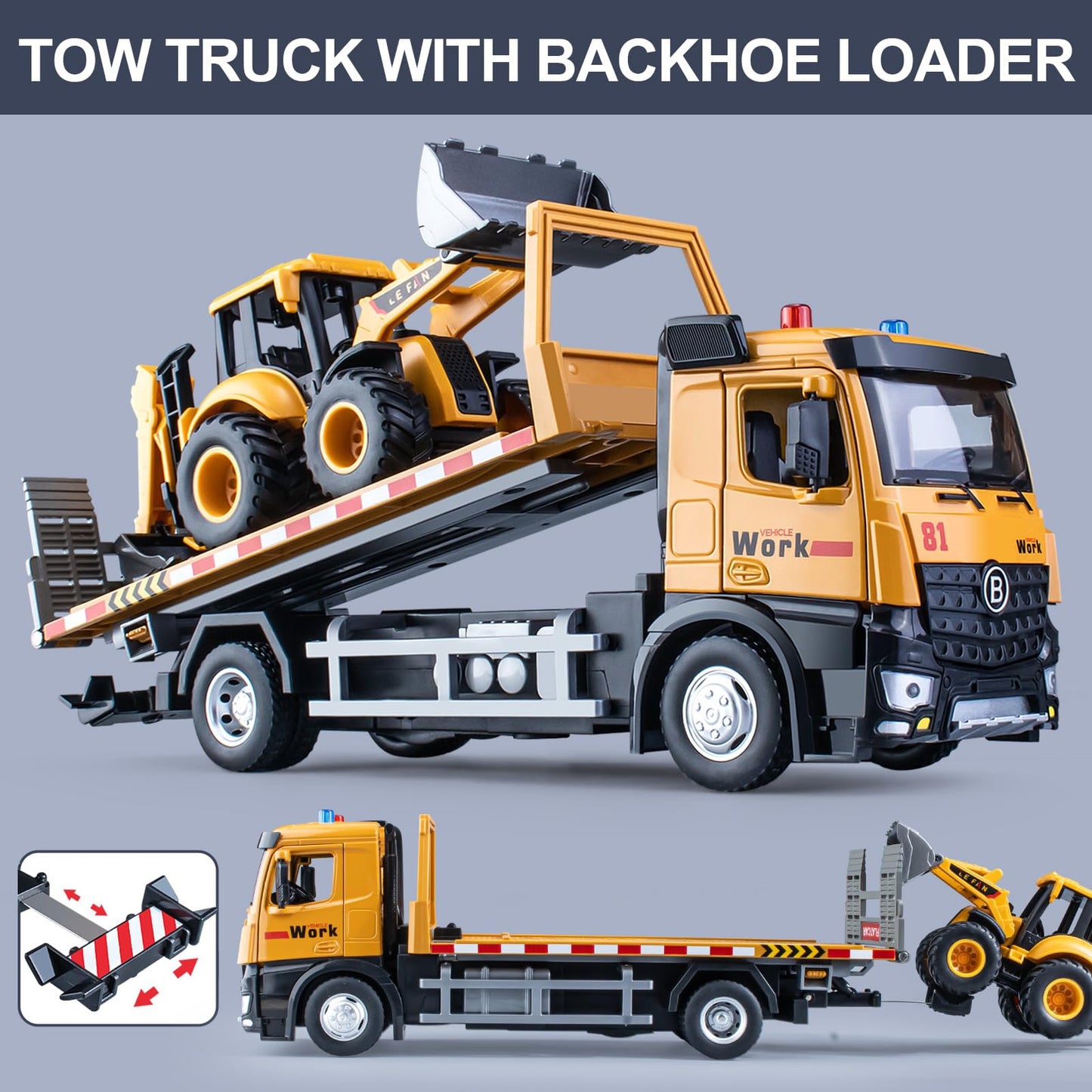 HAPYAD Tow Truck Toy: Metal Cab, Friction-Powered with Lights & Siren, 12.5-Inch Construction Vehicle