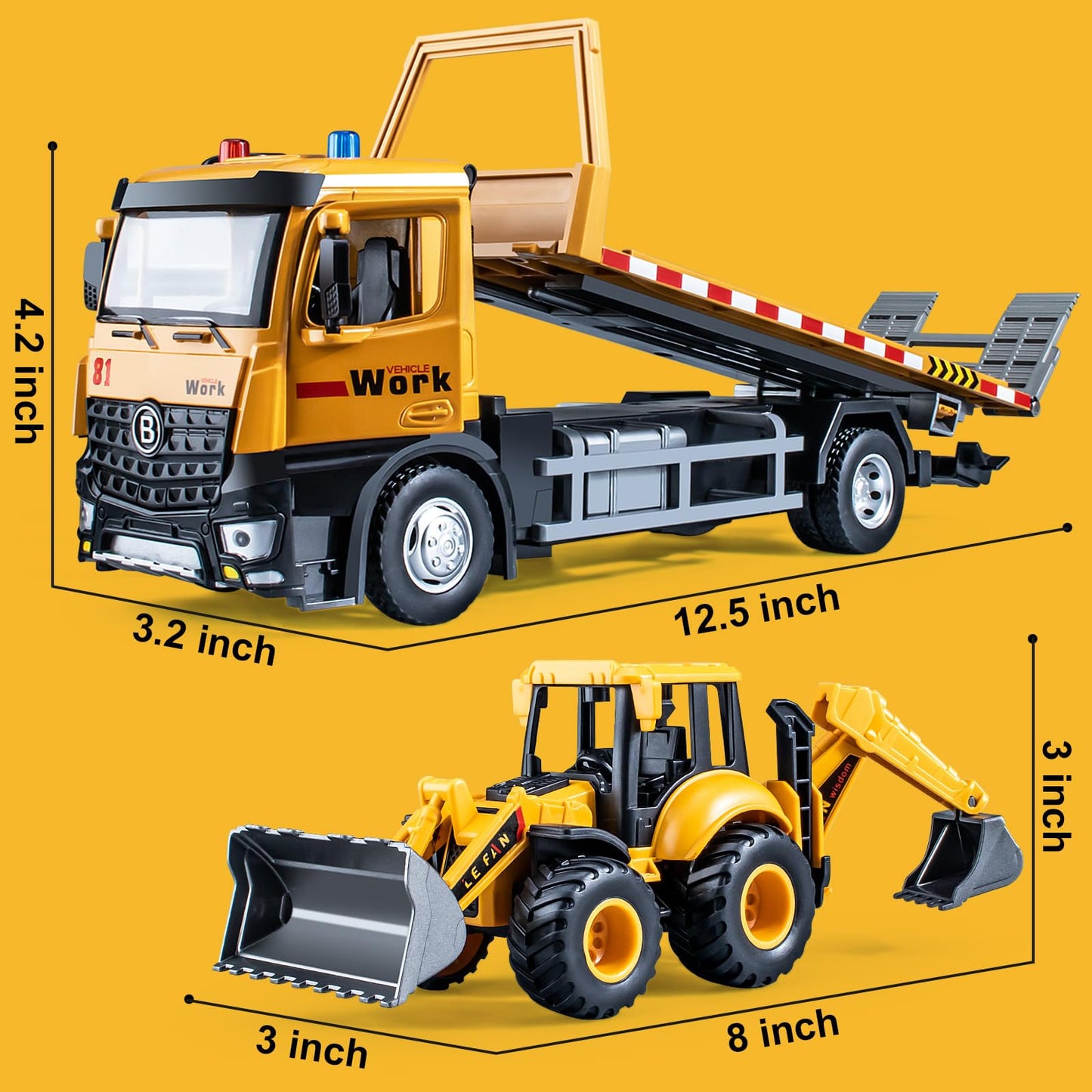 HAPYAD Tow Truck Toy: Metal Cab, Friction-Powered with Lights & Siren, 12.5-Inch Construction Vehicle