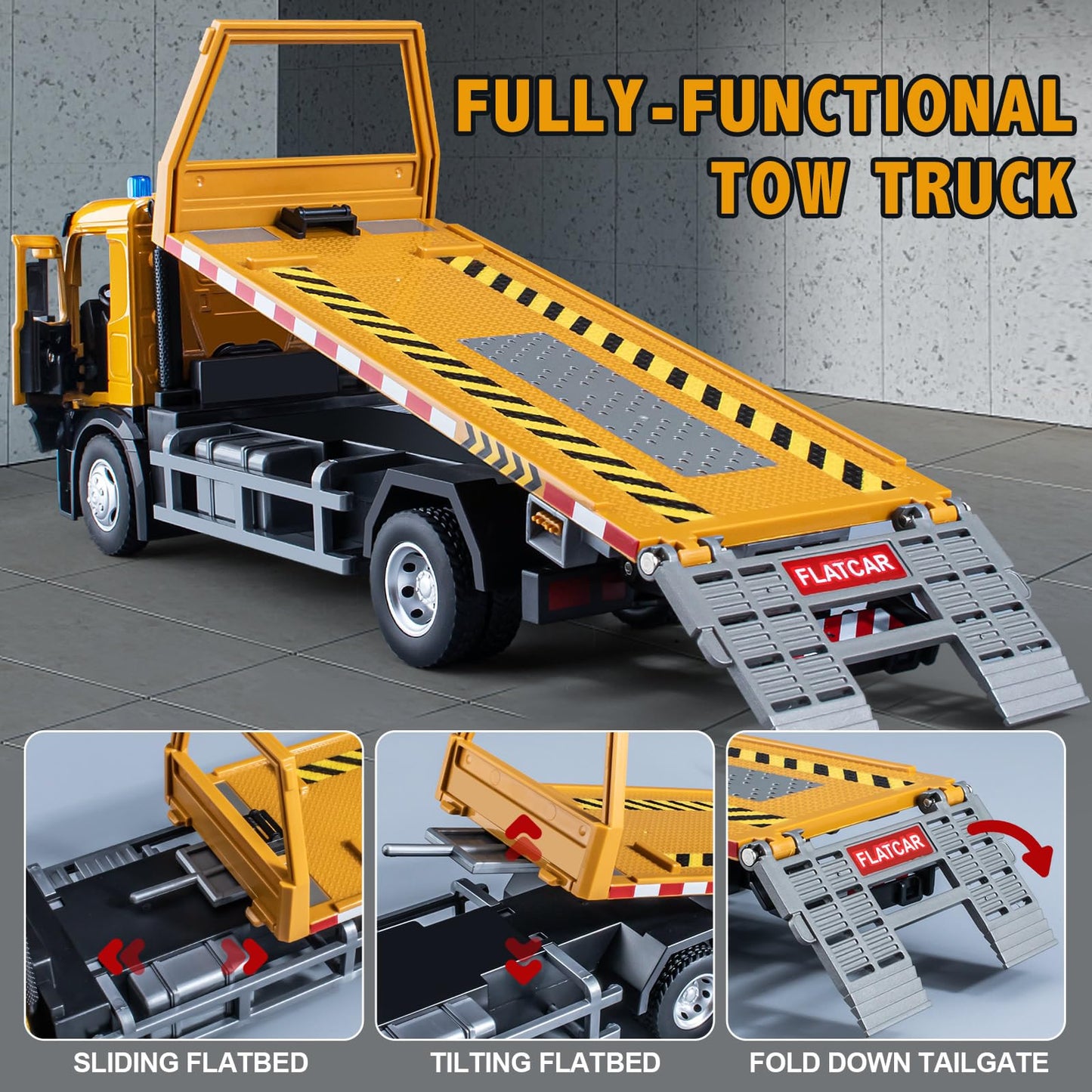 HAPYAD Tow Truck Toy: Metal Cab, Friction-Powered with Lights & Siren, 12.5-Inch Construction Vehicle