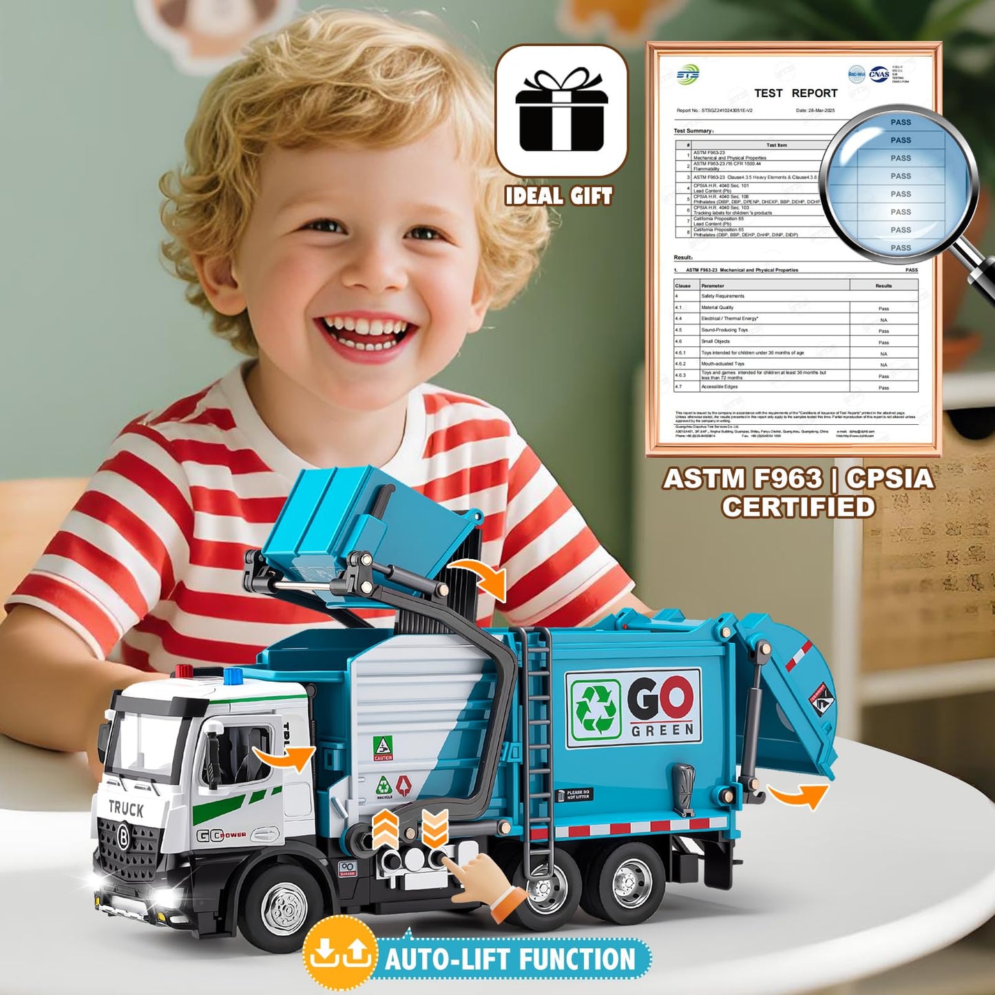 HAPYAD Auto-Lift Garbage Truck Toy – Metal Cab, 3 Dumpsters, Lights & Sounds (Blue)