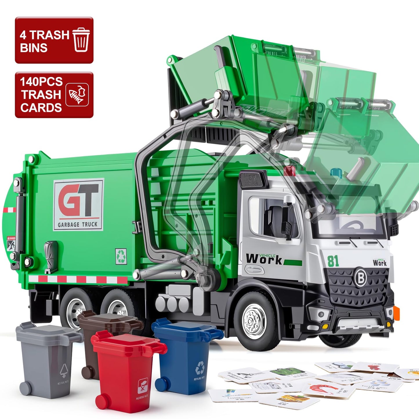 HAPYAD Garbage Truck Toy – Metal Cab, Lights & Sounds, Friction-Powered Front Loader (12 inches)