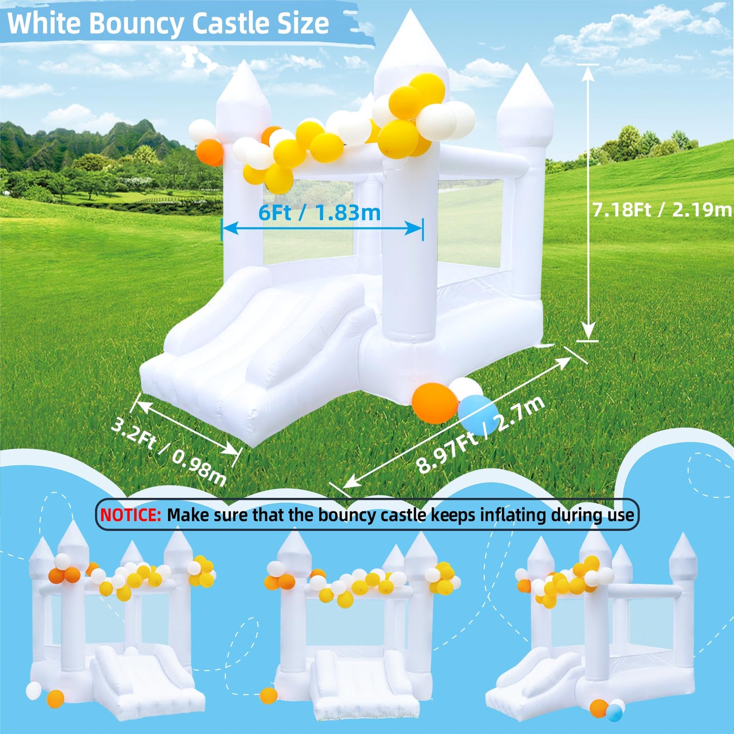 HapyBoucy White Bounce House with Slide – Indoor/Outdoor Kids Castle, 8.9ft L x 6ft W x 7.1ft H, Blower Included, 100 Balloons