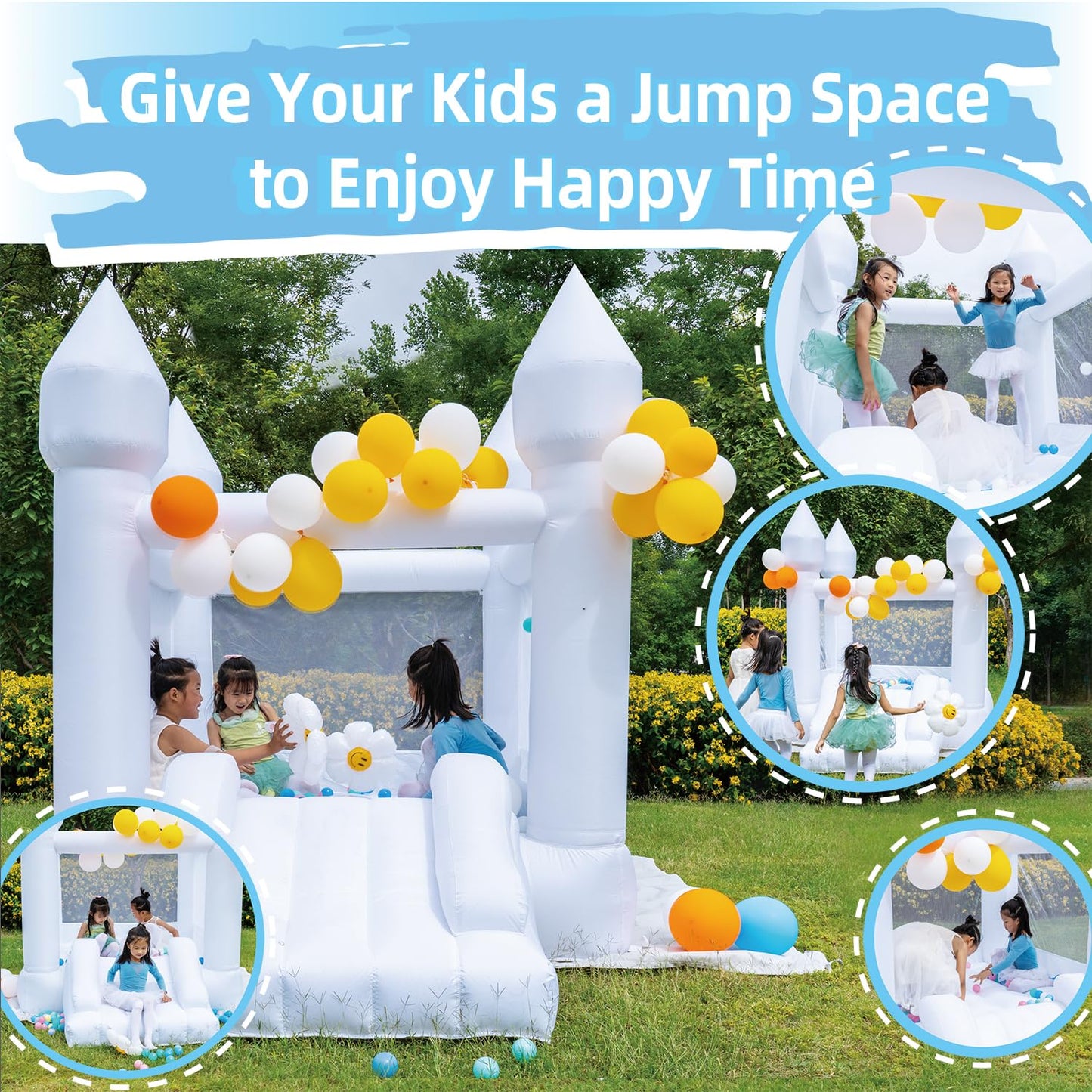 HapyBoucy White Bounce House with Slide – Indoor/Outdoor Kids Castle, 8.9ft L x 6ft W x 7.1ft H, Blower Included, 100 Balloons