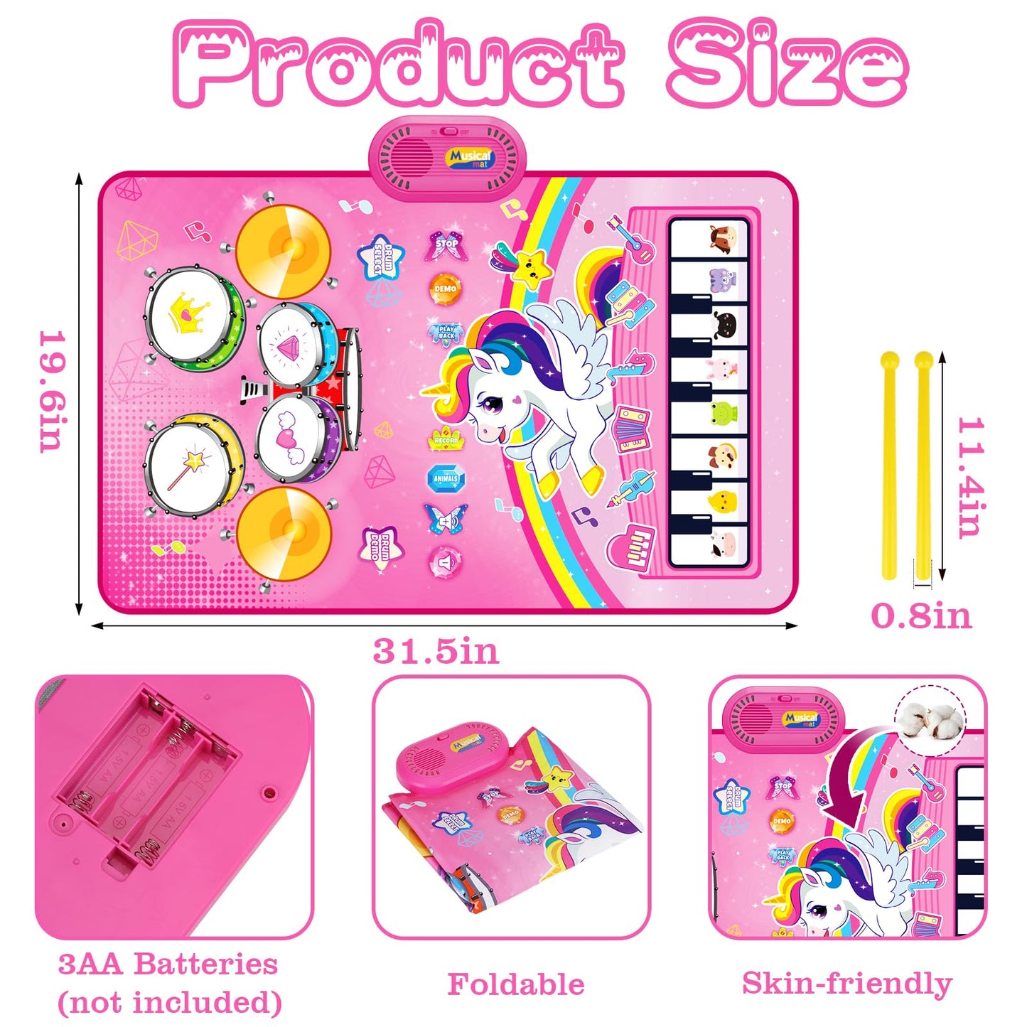 Hapyland 3-in-1 Baby Music Mat — Piano, Drum & Animal Sounds Toy for 12-18 Months