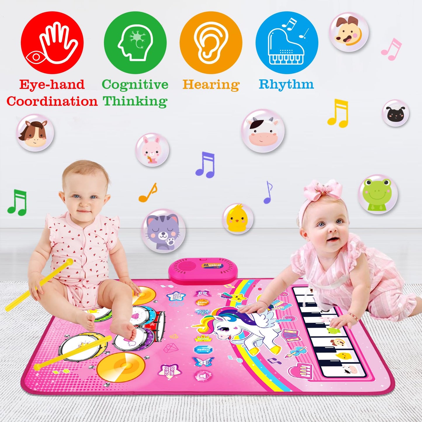 Hapyland 3-in-1 Baby Music Mat — Piano, Drum & Animal Sounds Toy for 12-18 Months