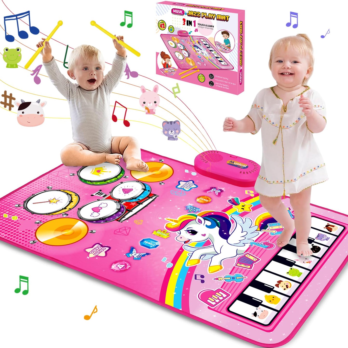 Hapyland 3-in-1 Baby Music Mat — Piano, Drum & Animal Sounds Toy for 12-18 Months