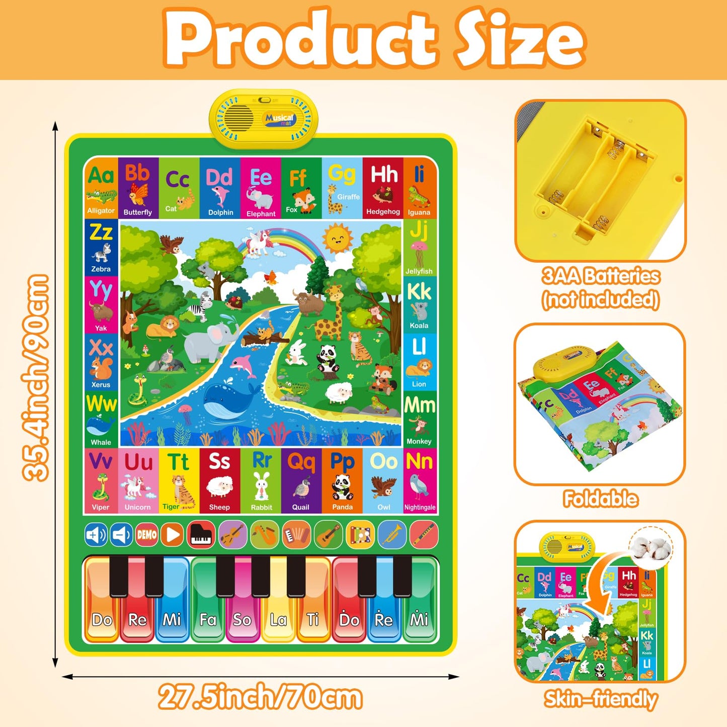 Hapyland 3-in-1 Alphabet Animal Piano Play Mat | Baby Musical Toy for 12-18 Months & 1-3 Year Olds