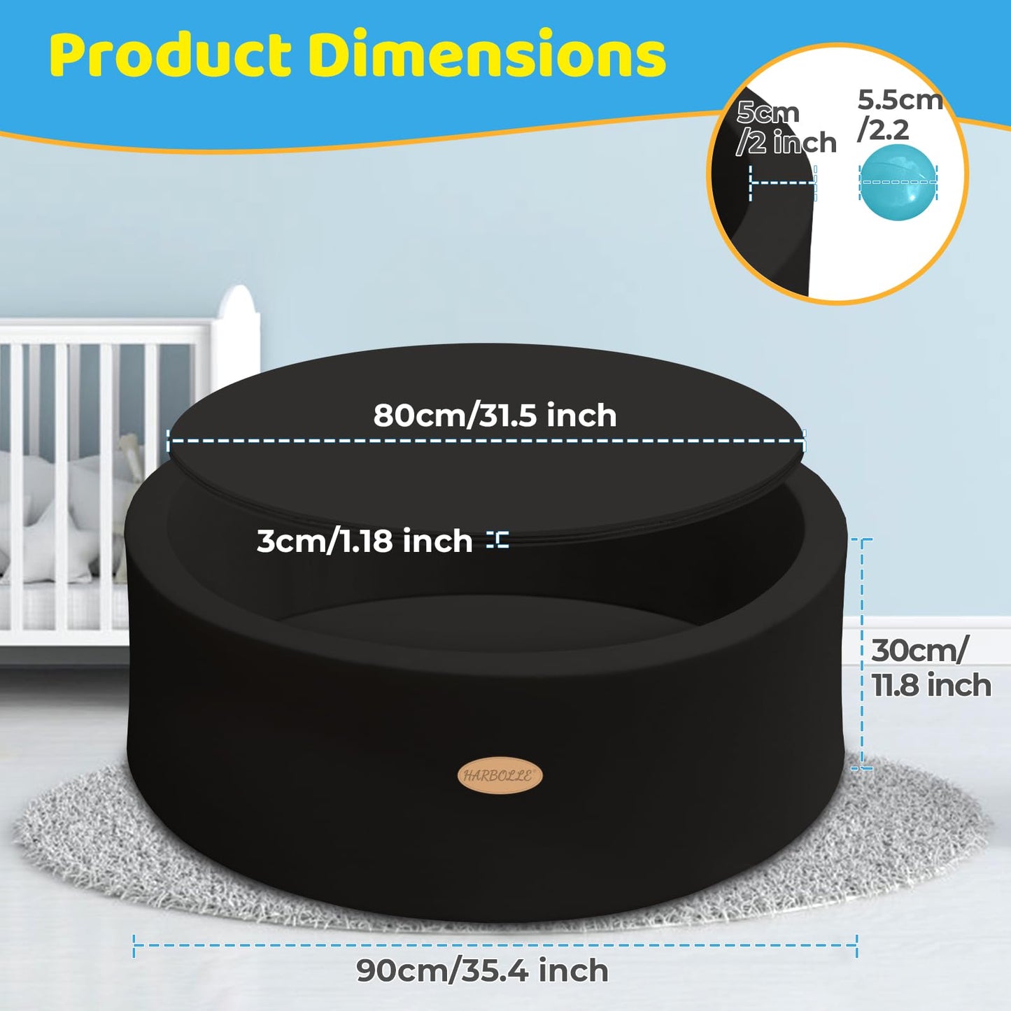 HARBOLLE Baby Ball Pit 35.4-inch Memory Foam Playpen – Indoor/Outdoor Fun for Babies & Toddlers