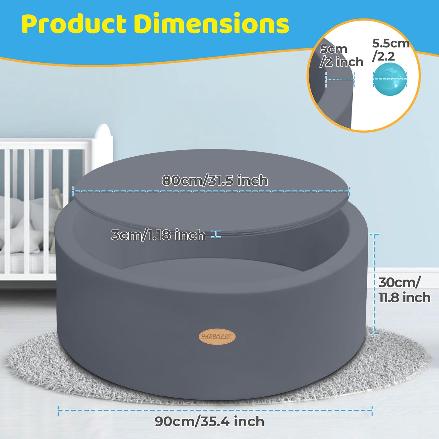 HARBOLLE Baby Ball Pit 35.4-inch Memory Foam Play Space – Indoor/Outdoor, Balls Not Included, Dark Gray