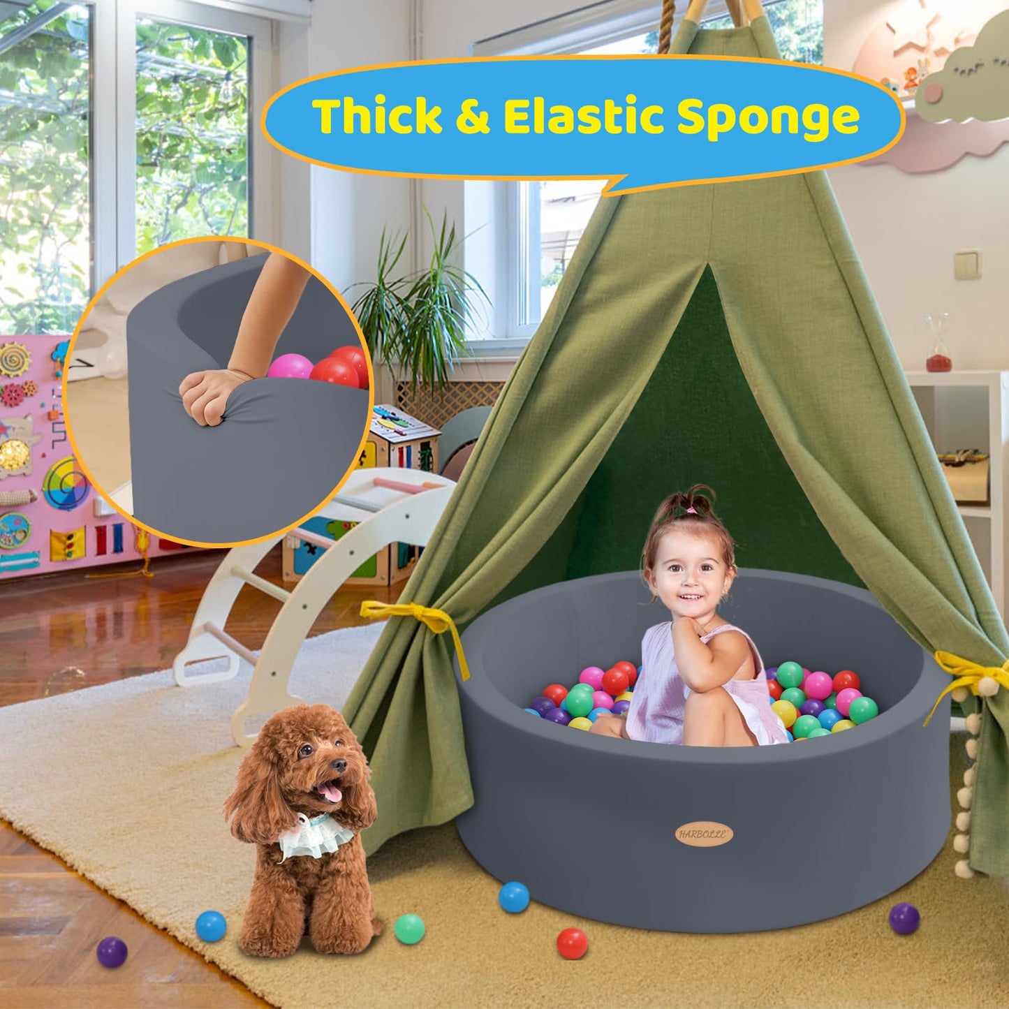 HARBOLLE Baby Ball Pit 35.4-inch Memory Foam Play Space – Indoor/Outdoor, Balls Not Included, Dark Gray