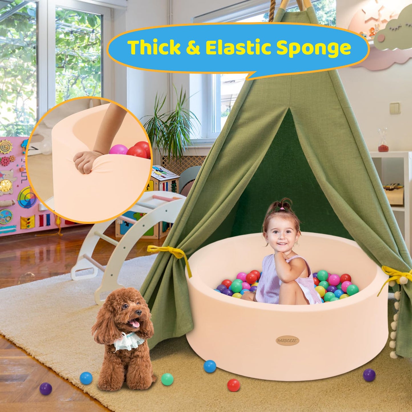 HARBOLLE Baby Ball Pit 35.4-inch Round Memory Foam Playpen – Indoor Outdoor Beige