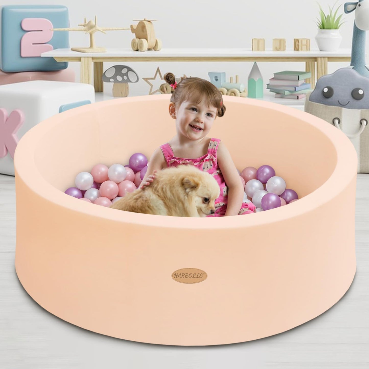 HARBOLLE Baby Ball Pit 35.4-inch Round Memory Foam Playpen – Indoor Outdoor Beige