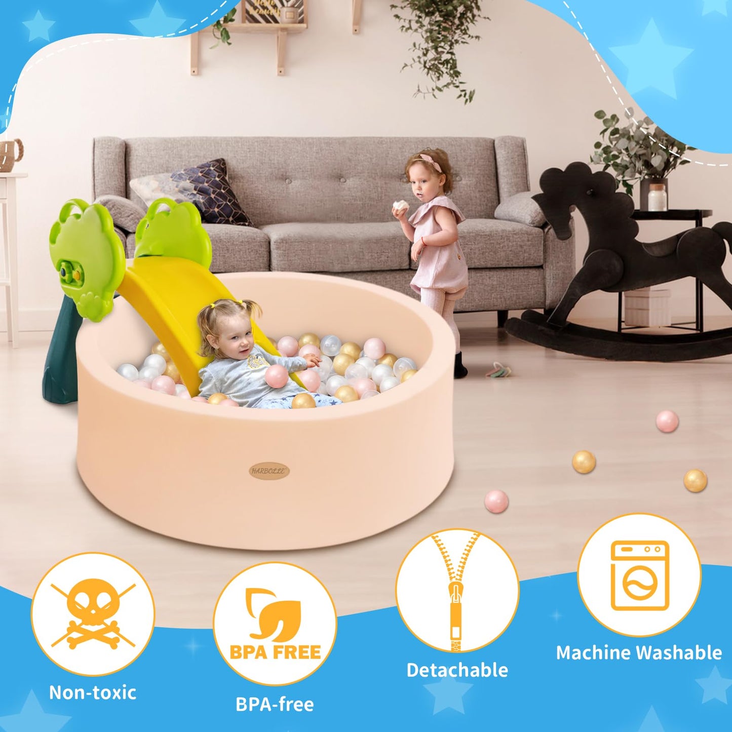 HARBOLLE Baby Ball Pit 35.4-inch Round Memory Foam Playpen – Indoor Outdoor Beige