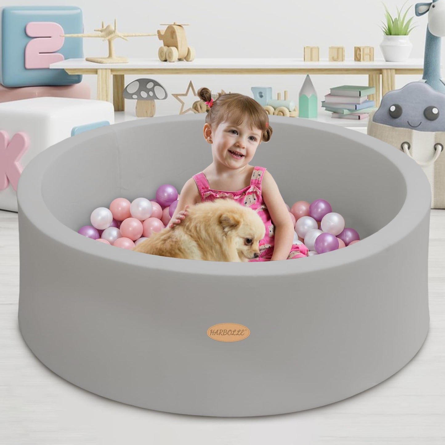 HARBOLLE Baby Ball Pit 35.4-Inch Soft Memory Foam Playpen – Indoor & Outdoor, Gray
