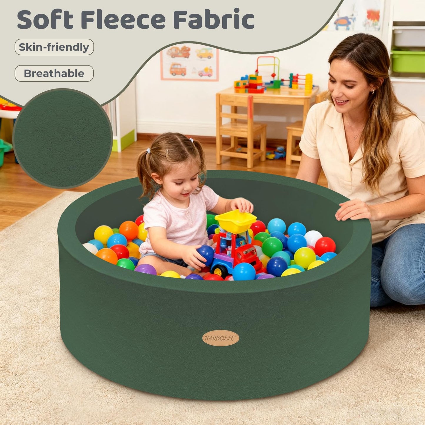 HARBOLLE 35.4-Inch Soft Fleece Ball Pit & Playpen for Toddlers, Indoor/Outdoor, Green