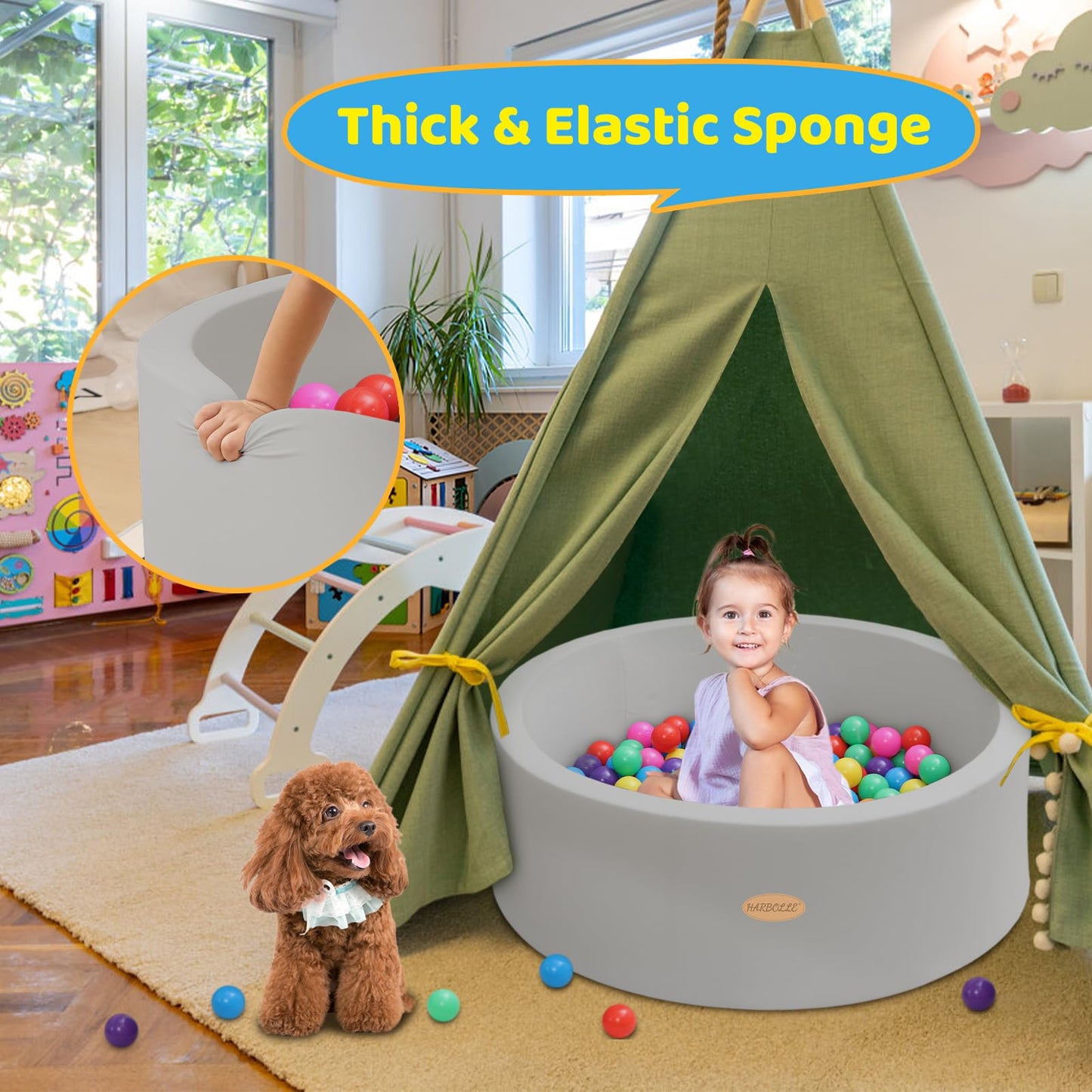 HARBOLLE Baby Ball Pit 35.4-Inch Soft Memory Foam Playpen – Indoor & Outdoor, Gray