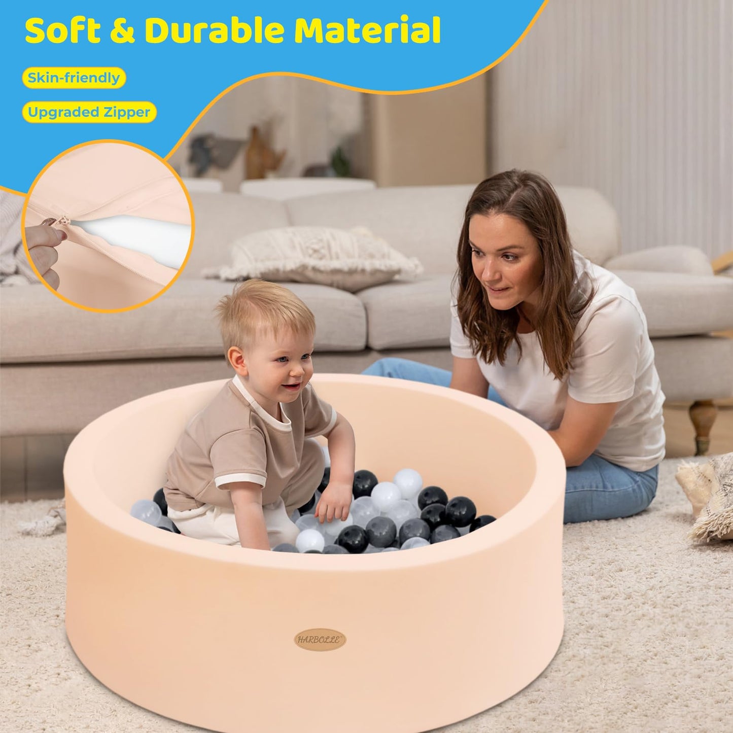 HARBOLLE Baby Ball Pit 35.4-inch Round Memory Foam Playpen – Indoor Outdoor Beige