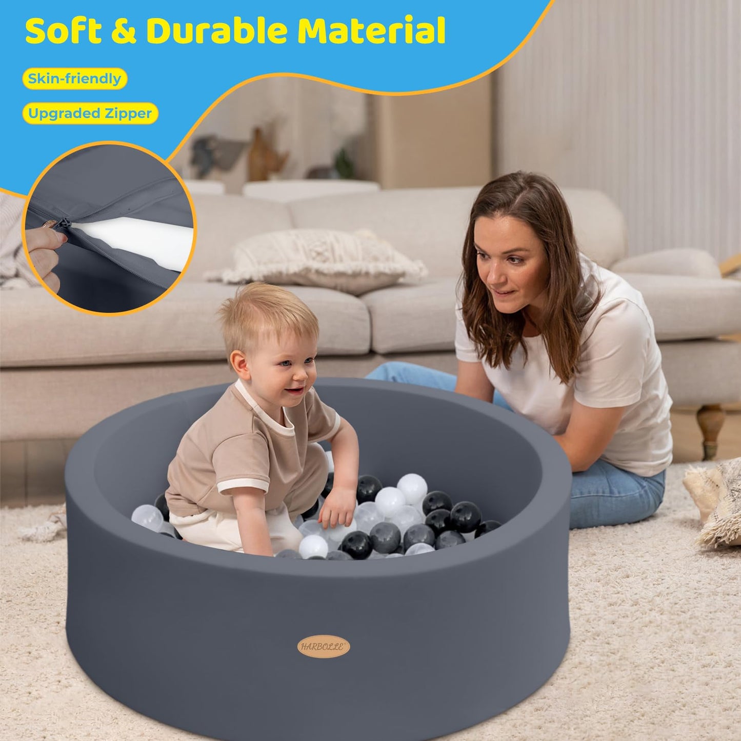 HARBOLLE Baby Ball Pit 35.4-inch Memory Foam Play Space – Indoor/Outdoor, Balls Not Included, Dark Gray