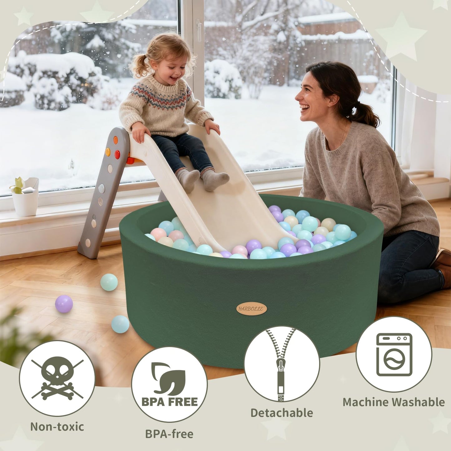 HARBOLLE 35.4-Inch Soft Fleece Ball Pit & Playpen for Toddlers, Indoor/Outdoor, Green