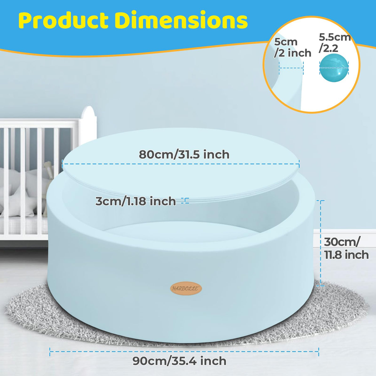 HARBOLLE Baby Ball Pit 35.4in - Soft Memory Foam Play Area for Babies, Toddlers & Kids
