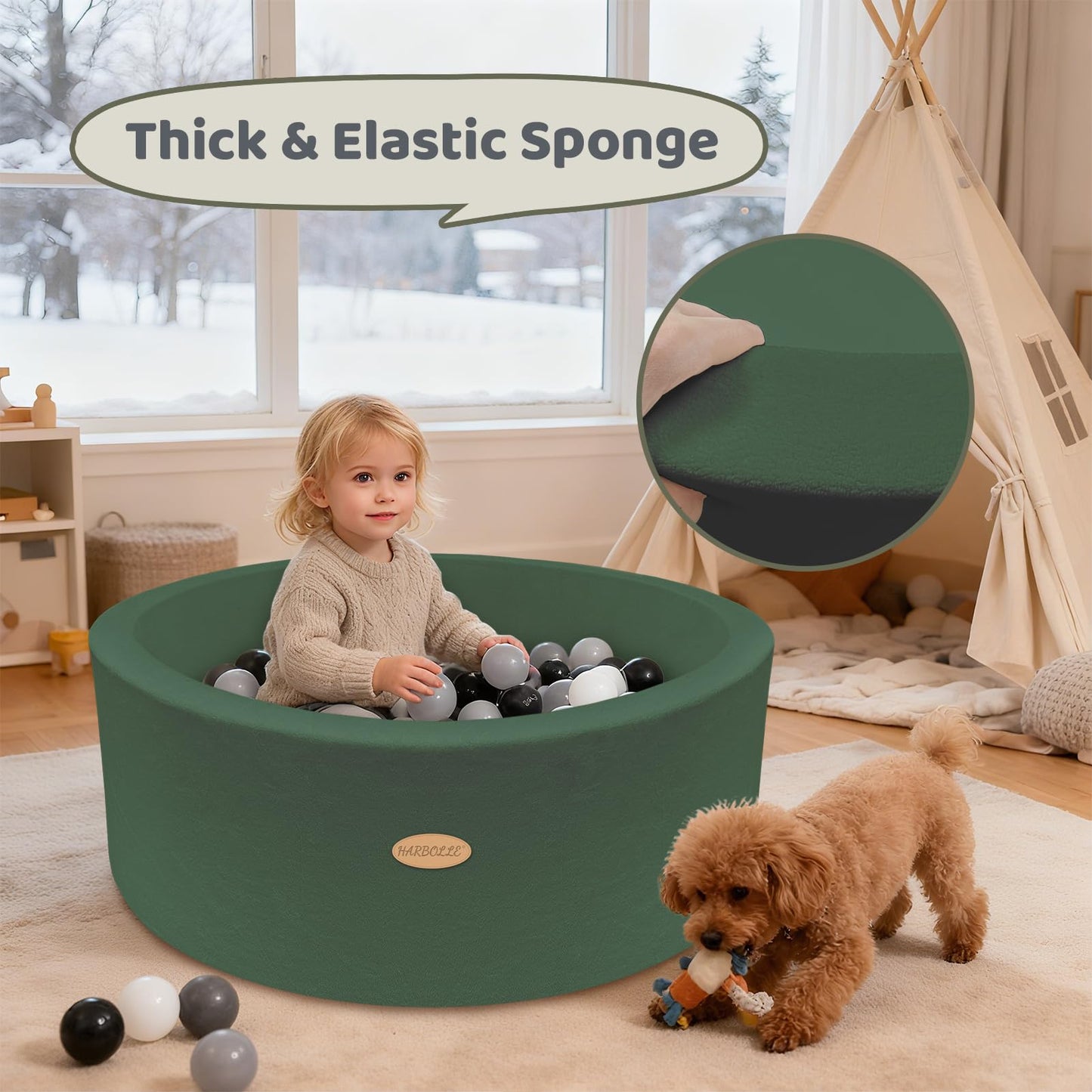 HARBOLLE 35.4-Inch Soft Fleece Ball Pit & Playpen for Toddlers, Indoor/Outdoor, Green