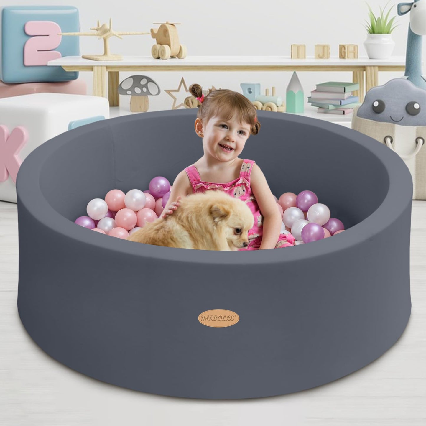 HARBOLLE Baby Ball Pit 35.4-inch Memory Foam Play Space – Indoor/Outdoor, Balls Not Included, Dark Gray