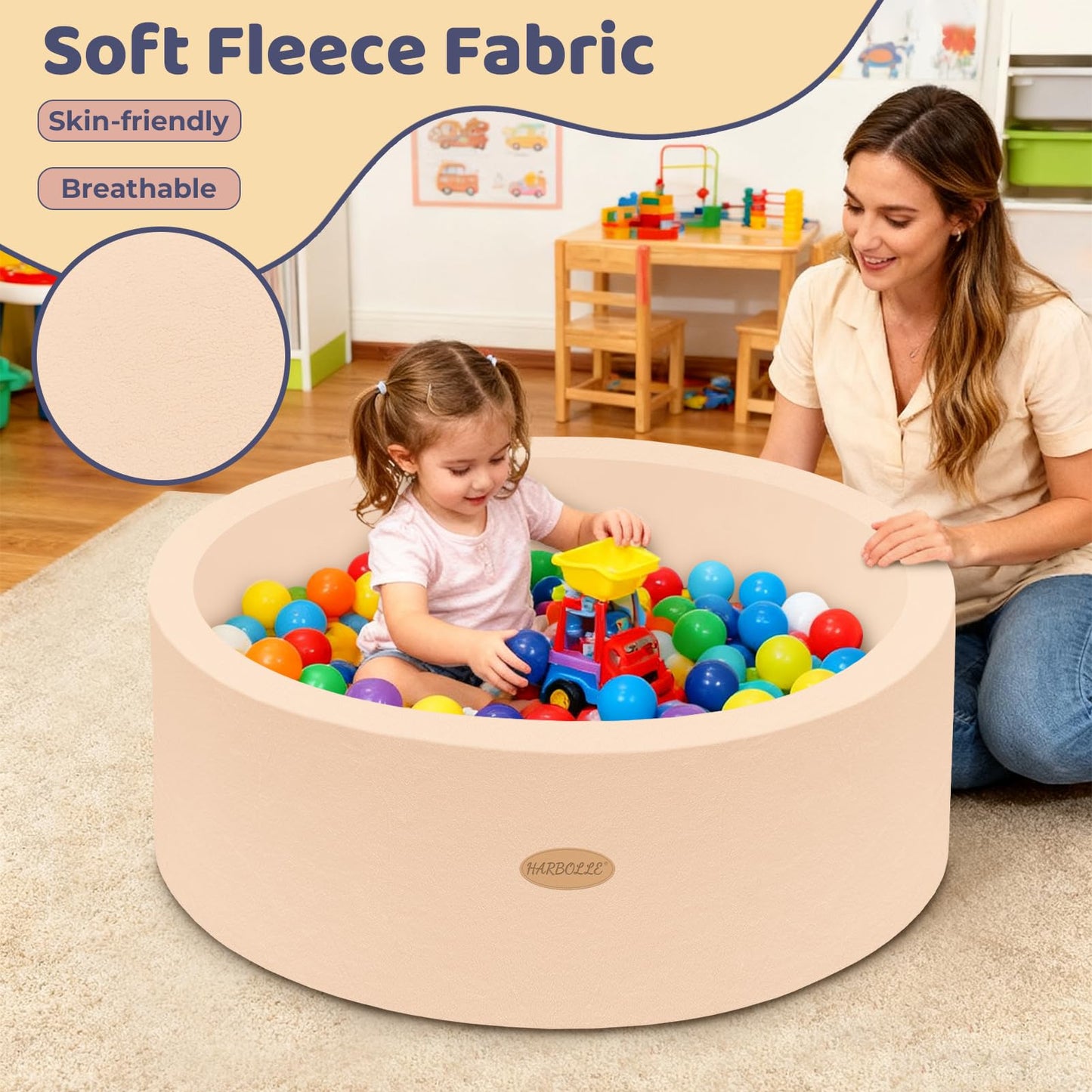 Harbolle 35.4-Inch Soft Fleece Ball Pit & Playpen for Toddlers | Indoor & Outdoor Beige