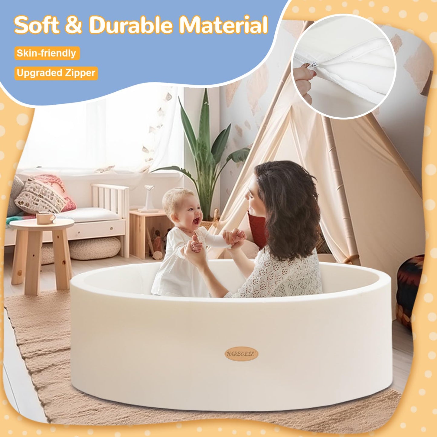 HARBOLLE Baby Ball Pit 47.2-Inch Diameter Soft Memory Foam Inner Easy 2-Part Setup