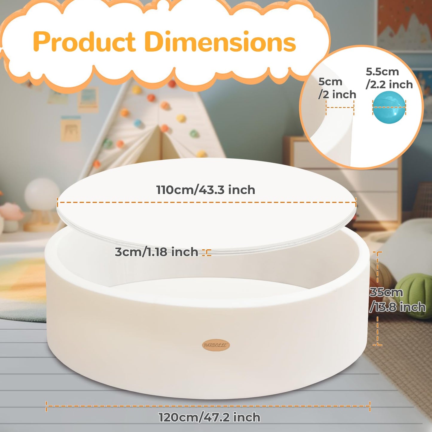 HARBOLLE Baby Ball Pit 47.2-Inch Diameter Soft Memory Foam Inner Easy 2-Part Setup
