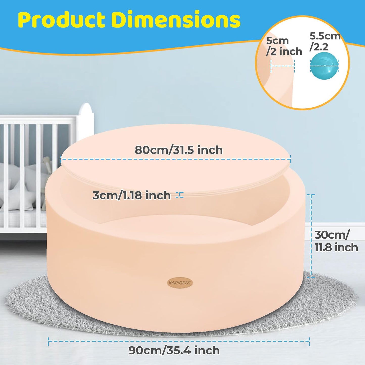 HARBOLLE Baby Ball Pit 35.4-inch Round Memory Foam Playpen – Indoor Outdoor Beige
