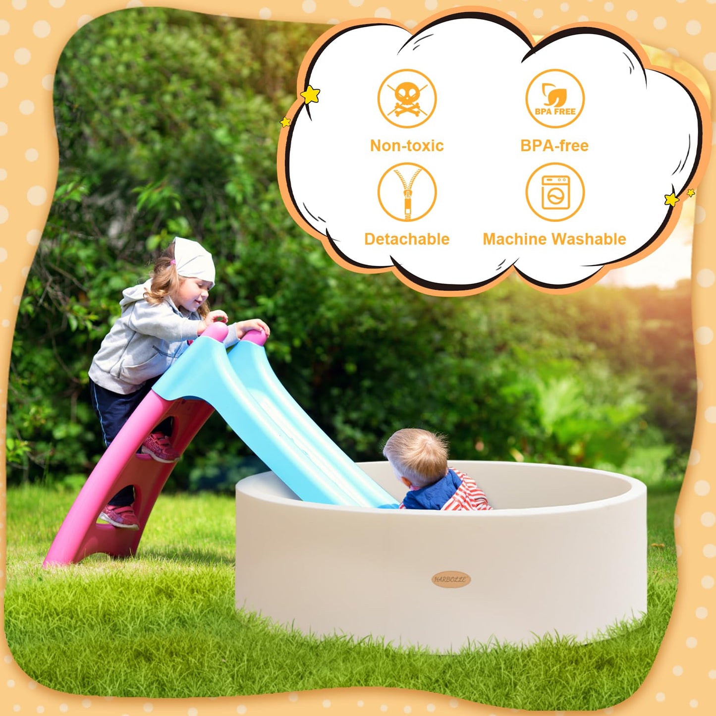HARBOLLE Baby Ball Pit 47.2-Inch Diameter Soft Memory Foam Inner Easy 2-Part Setup