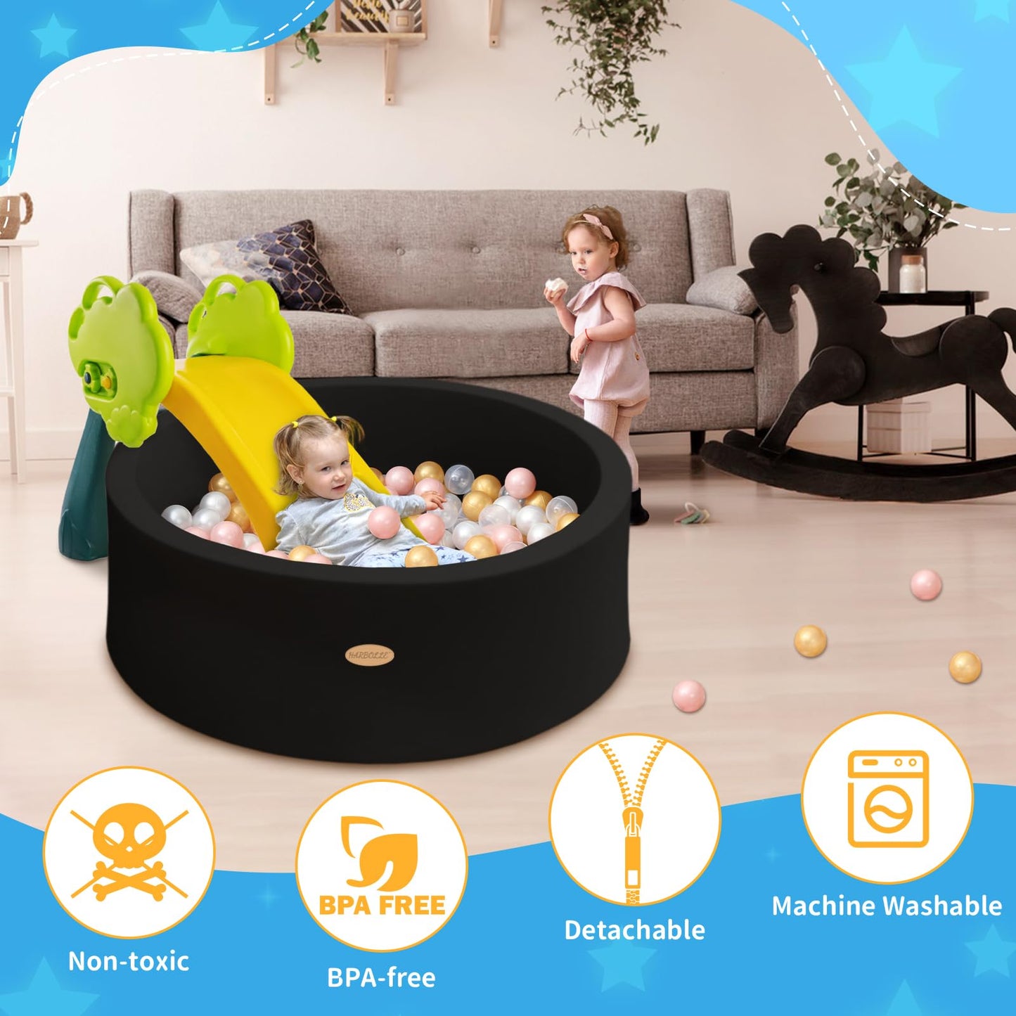 HARBOLLE Baby Ball Pit 35.4-inch Memory Foam Playpen – Indoor/Outdoor Fun for Babies & Toddlers