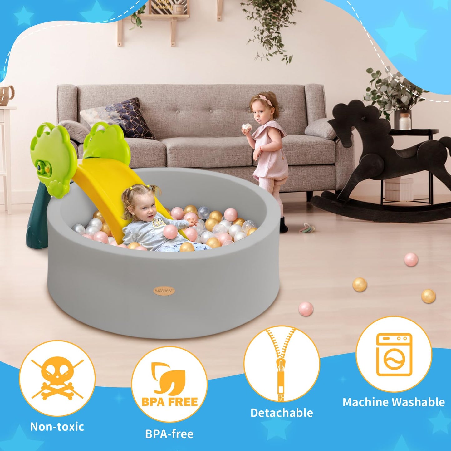 HARBOLLE Baby Ball Pit 35.4-Inch Soft Memory Foam Playpen – Indoor & Outdoor, Gray