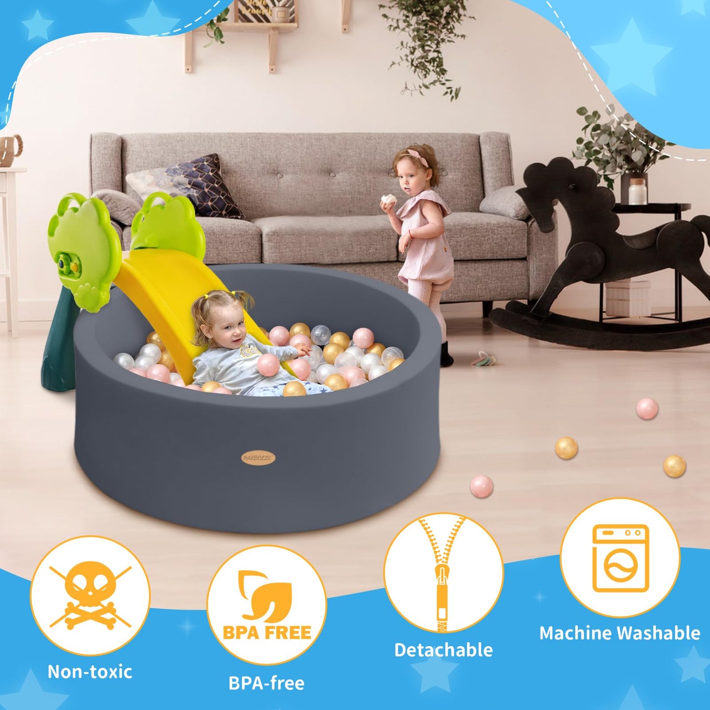 HARBOLLE Baby Ball Pit 35.4-inch Memory Foam Play Space – Indoor/Outdoor, Balls Not Included, Dark Gray