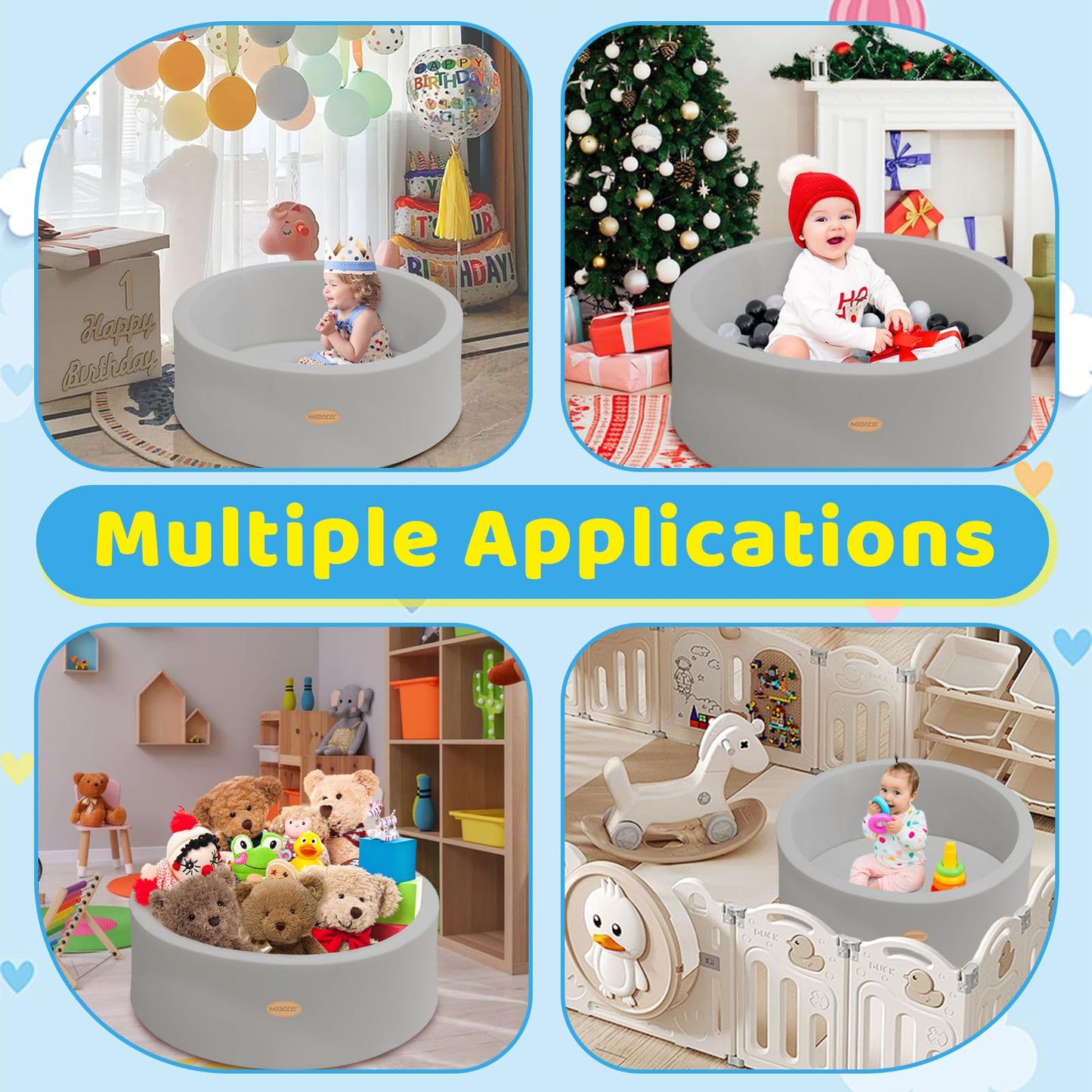 HARBOLLE Baby Ball Pit 35.4-Inch Soft Memory Foam Playpen – Indoor & Outdoor, Gray