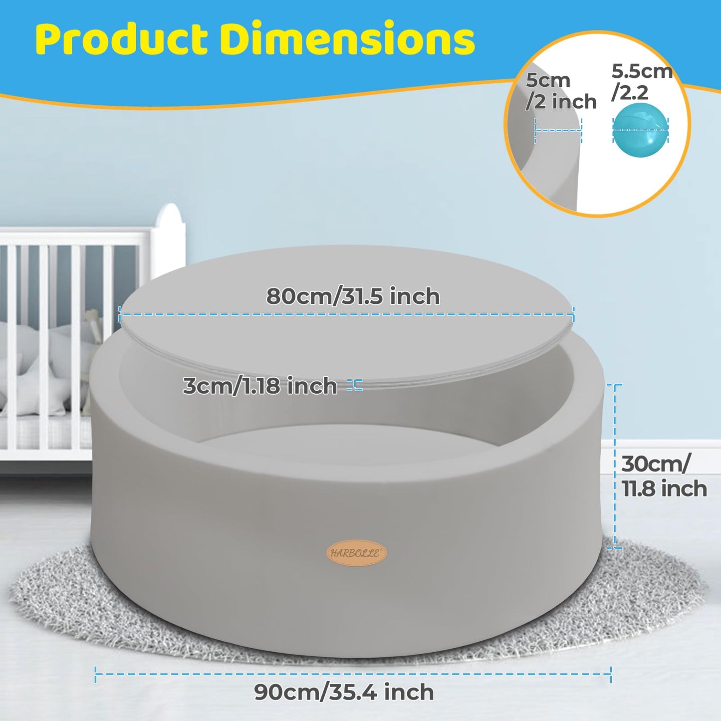 HARBOLLE Baby Ball Pit 35.4-Inch Soft Memory Foam Playpen – Indoor & Outdoor, Gray