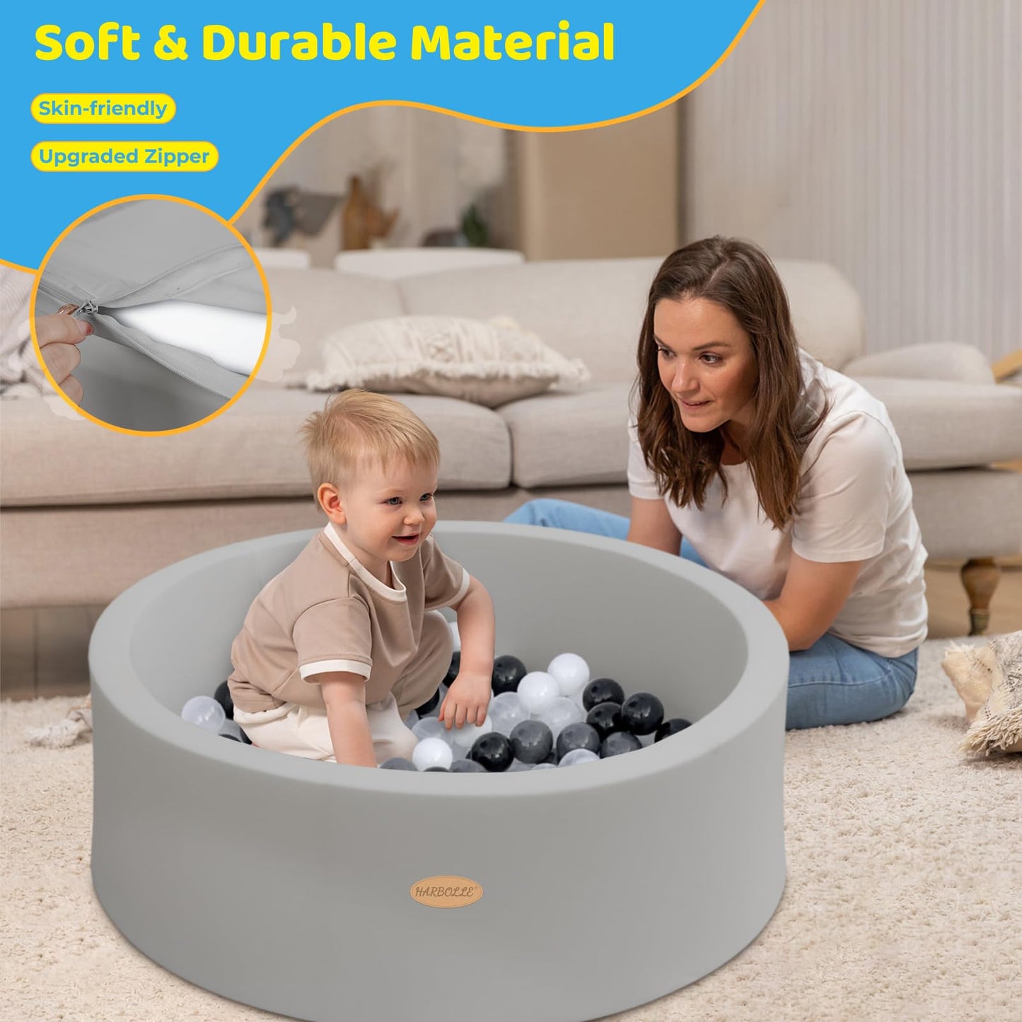 HARBOLLE Baby Ball Pit 35.4-Inch Soft Memory Foam Playpen – Indoor & Outdoor, Gray