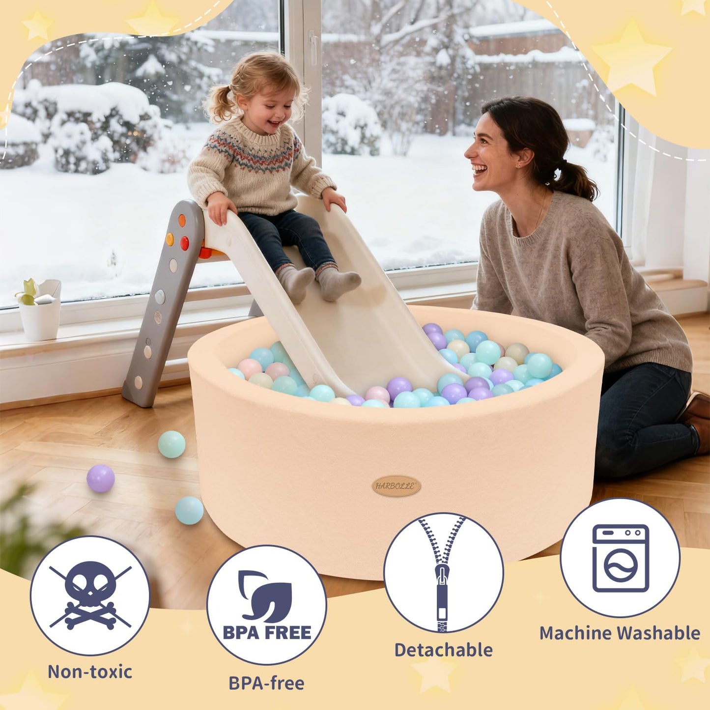 Harbolle 35.4-Inch Soft Fleece Ball Pit & Playpen for Toddlers | Indoor & Outdoor Beige