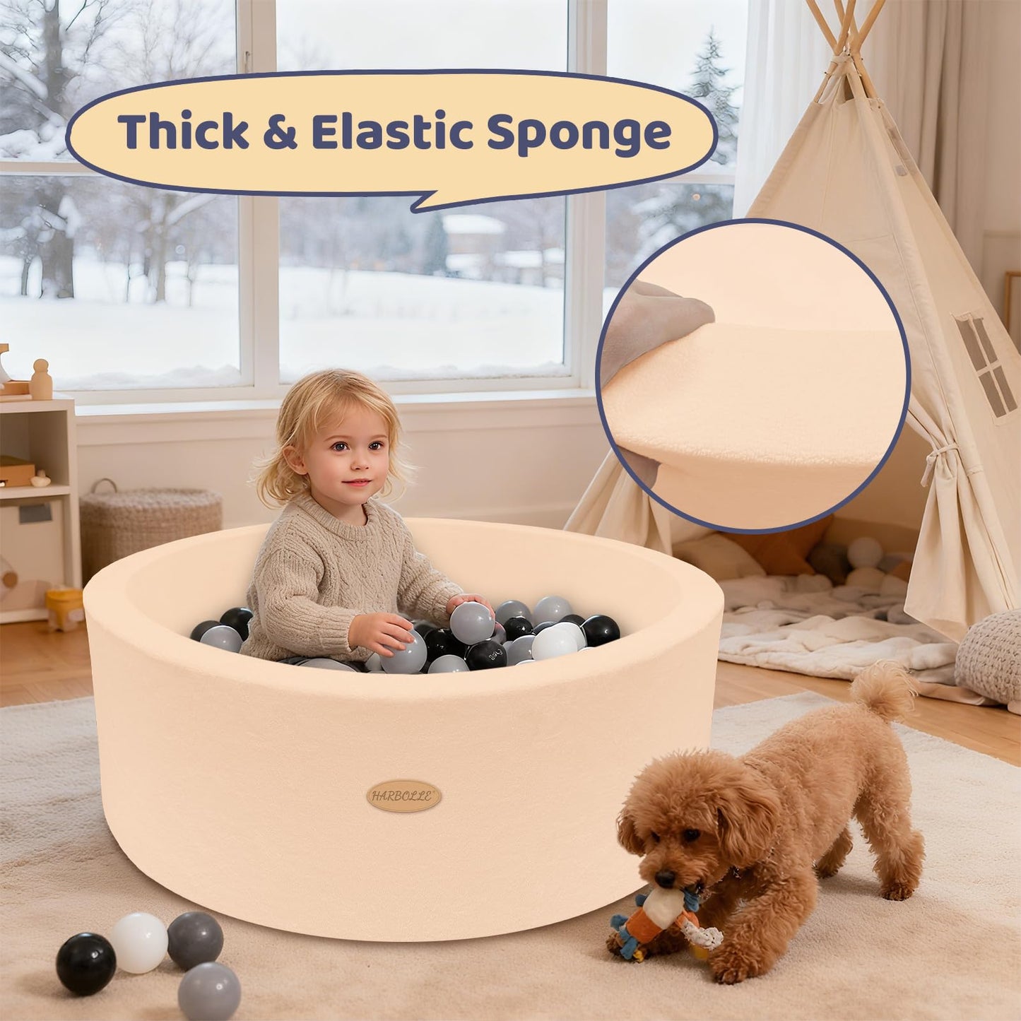 Harbolle 35.4-Inch Soft Fleece Ball Pit & Playpen for Toddlers | Indoor & Outdoor Beige