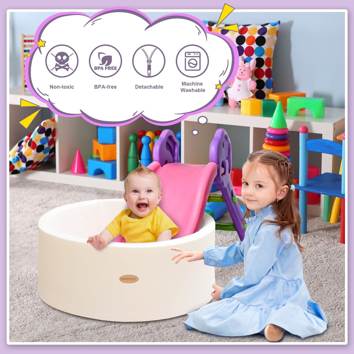 HARBOLLE Baby Ball Pit 27.6-inch Memory Foam Play Space – Safe, Soft, White