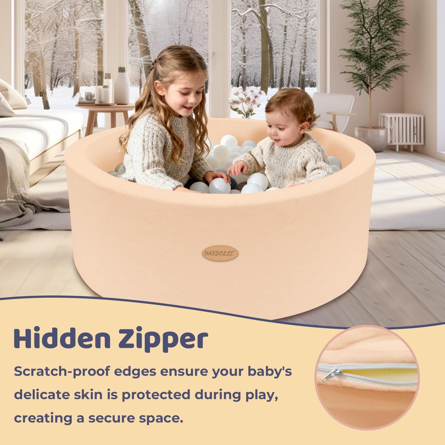 Harbolle 35.4-Inch Soft Fleece Ball Pit & Playpen for Toddlers | Indoor & Outdoor Beige