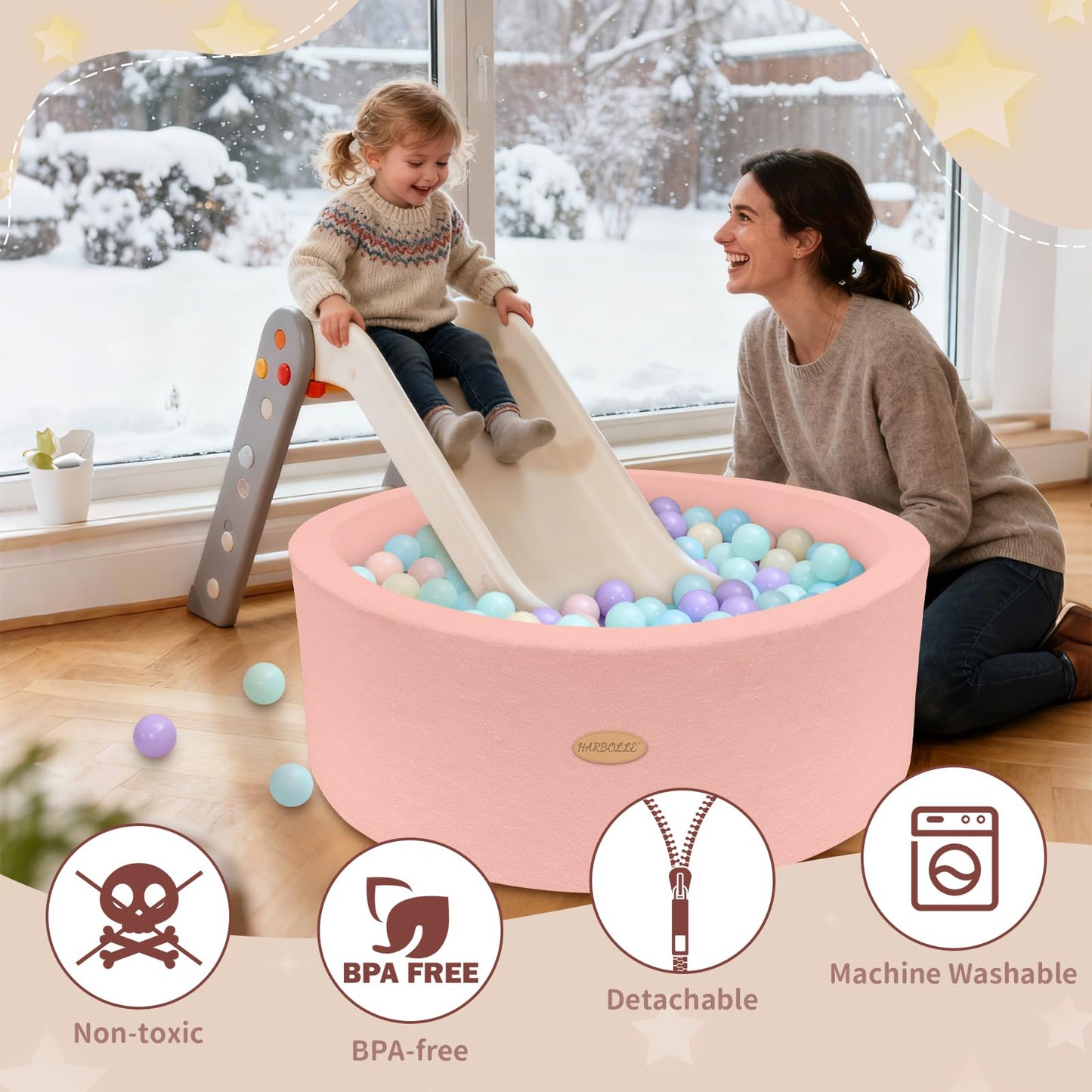 HARBOLLE 35.4in Soft Fleece Ball Pit & Playpen – Indoor/Outdoor Toddler Play Center, Pink