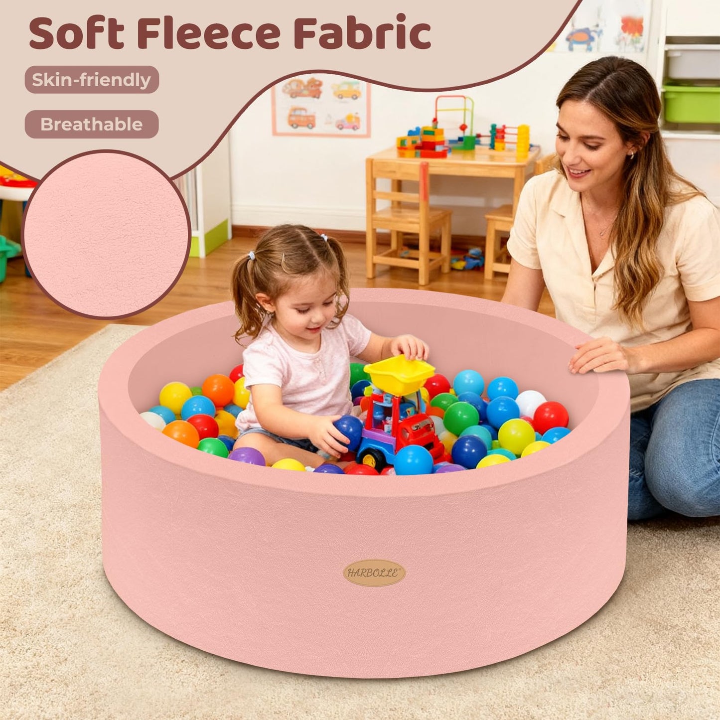 HARBOLLE 35.4in Soft Fleece Ball Pit & Playpen – Indoor/Outdoor Toddler Play Center, Pink