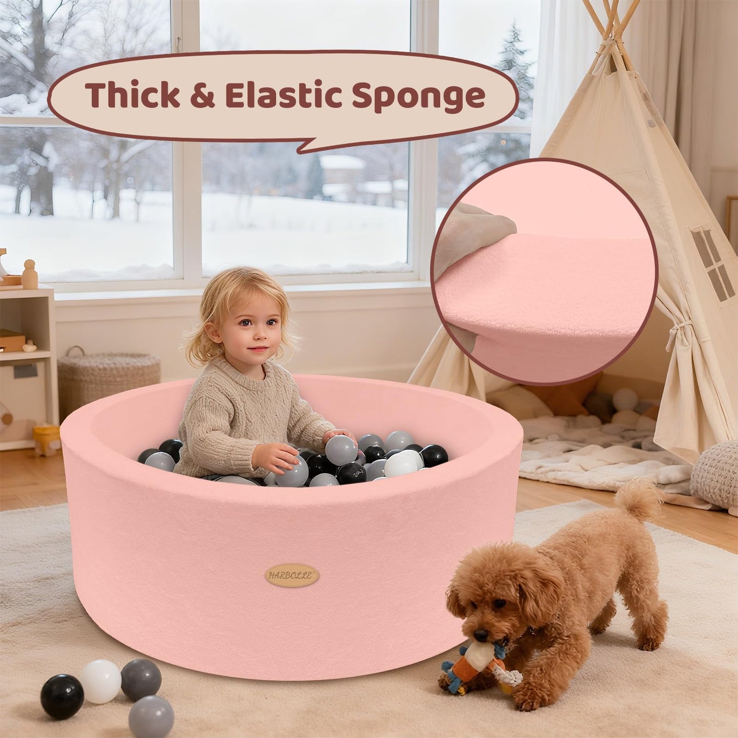 HARBOLLE 35.4in Soft Fleece Ball Pit & Playpen – Indoor/Outdoor Toddler Play Center, Pink