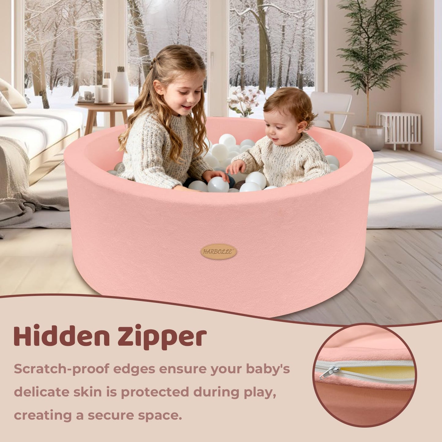 HARBOLLE 35.4in Soft Fleece Ball Pit & Playpen – Indoor/Outdoor Toddler Play Center, Pink